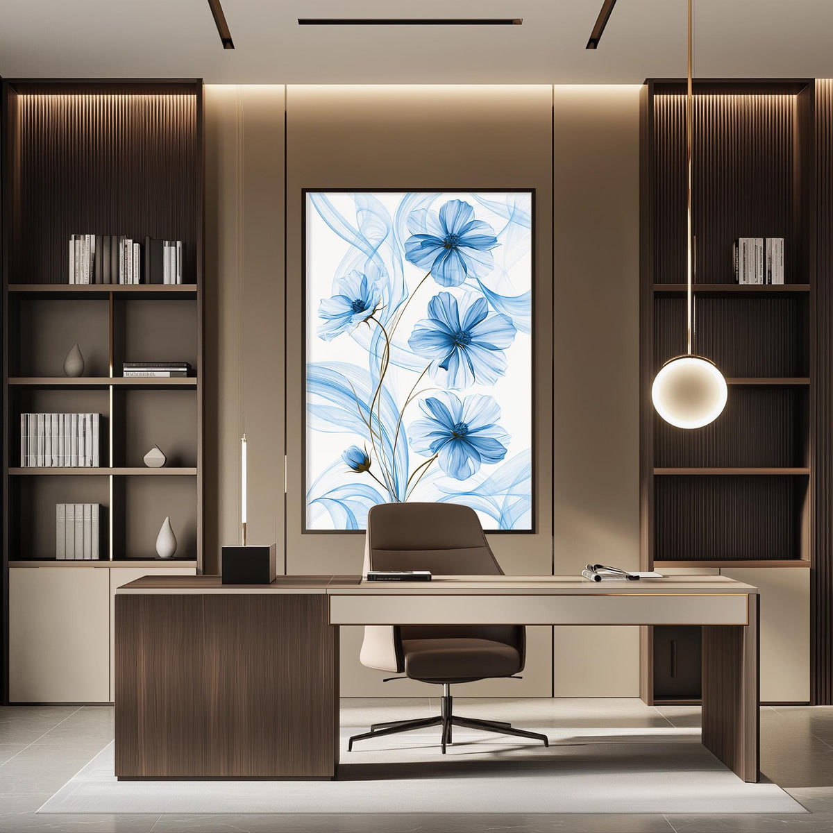 a modern and well-lit office space with a large blue flower painting on the wall behind a desk. The desk has a chair and a lamp, creating a comfortable and functional workspace.