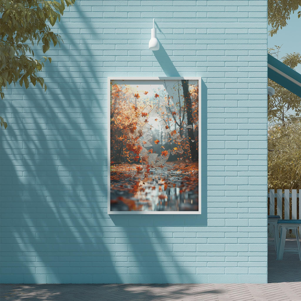 a blue brick wall with a framed picture of a forest scene hanging on it.
