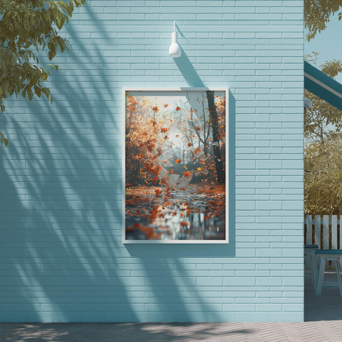 a blue brick wall with a framed picture of a forest scene hanging on it.