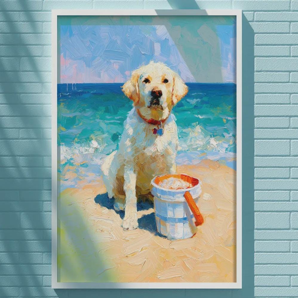 A framed painting of a dog sitting on a beach, with a bucket nearby, is displayed on a blue wall.