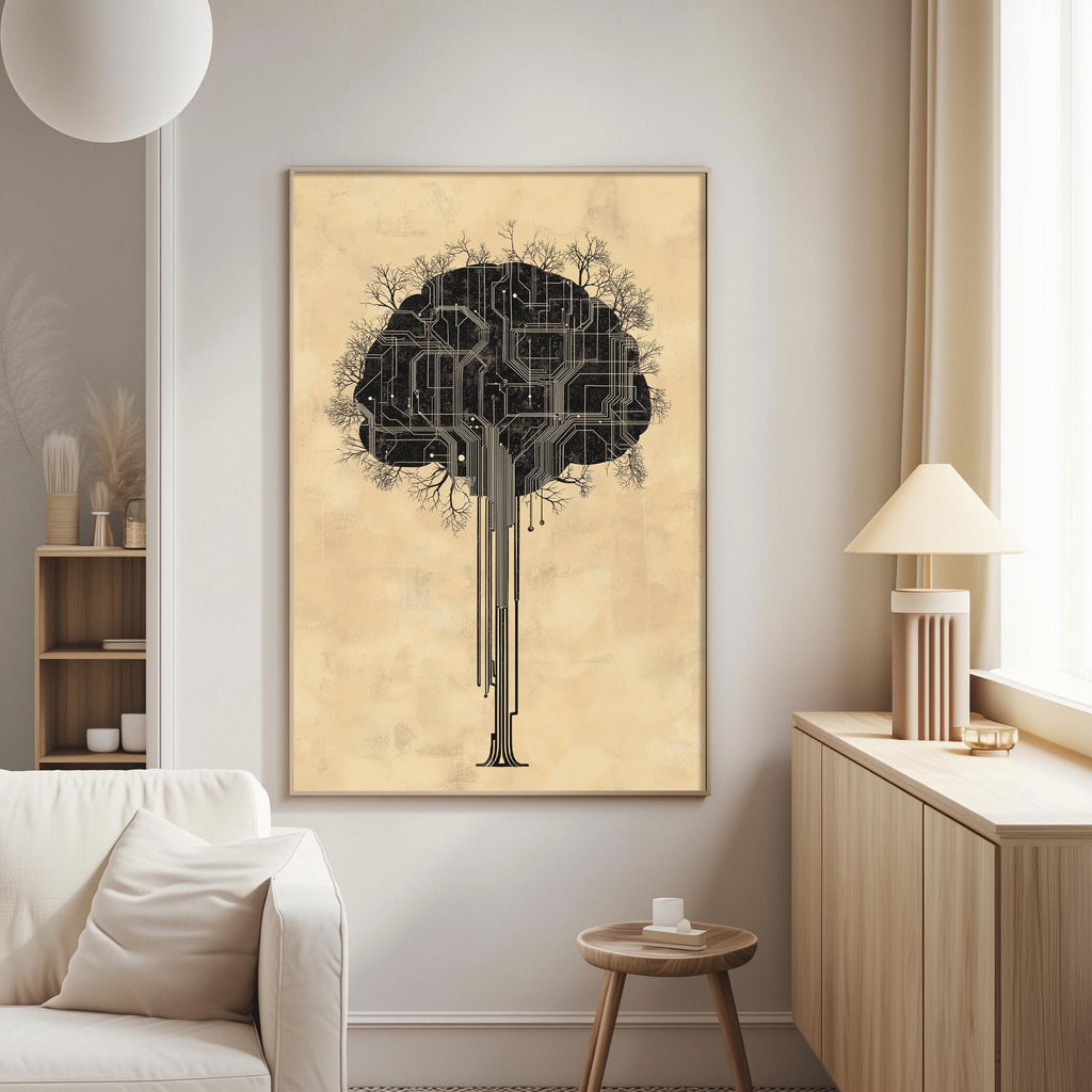 a living room with a large framed artwork of a tree-like structure on the wall, which appears to be a representation of a human brain.