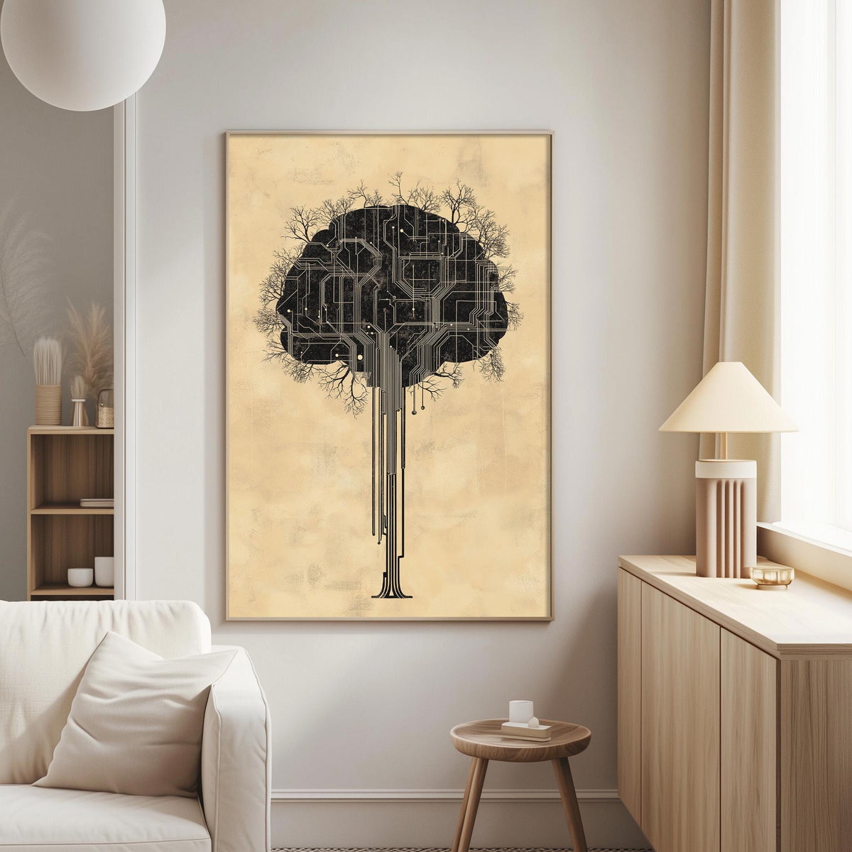 a living room with a large framed artwork of a tree-like structure on the wall, which appears to be a representation of a human brain.