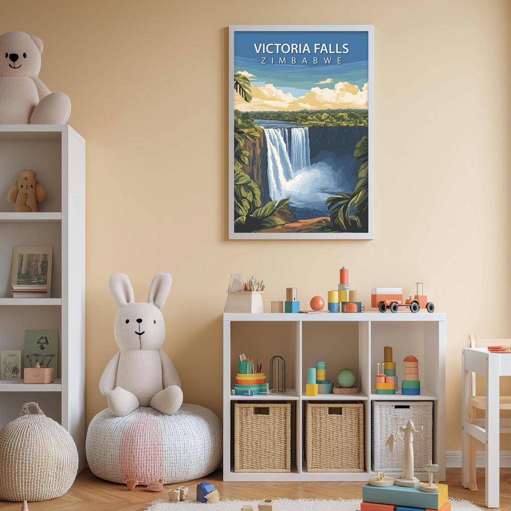 A child's bedroom with a white bookshelf, a stuffed rabbit, and a colorful toy set. A framed poster of Victoria Falls hangs on the wall, and the room has a beige color scheme.