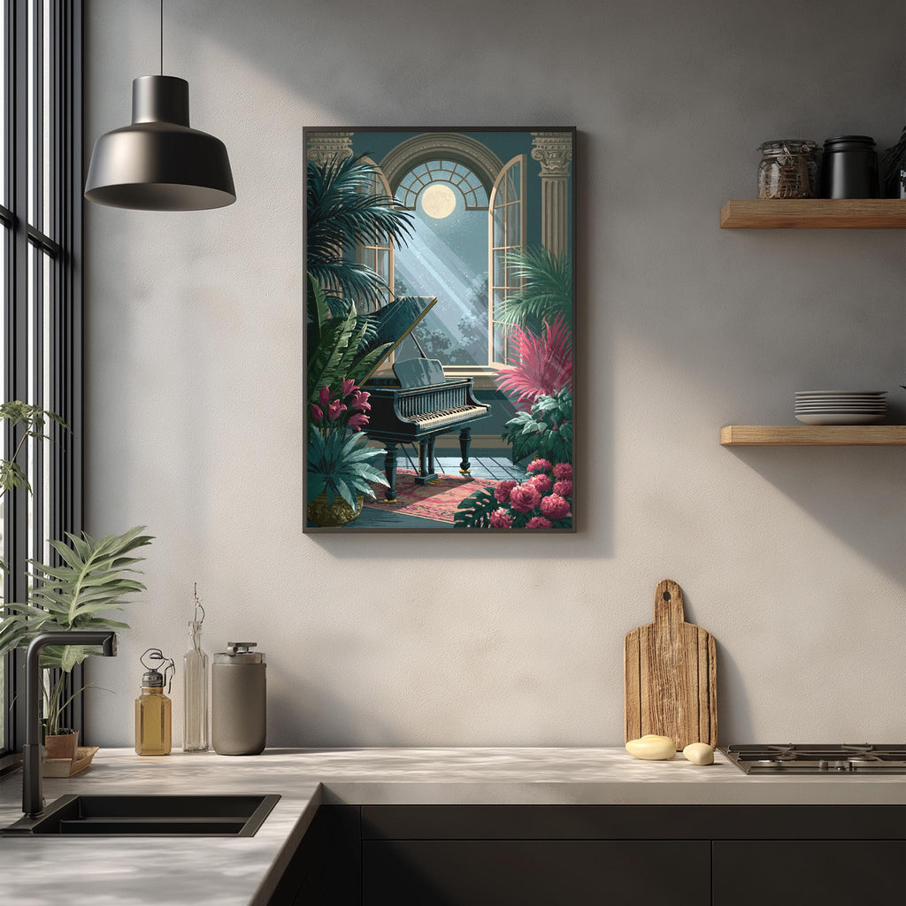 a kitchen scene with a framed painting of a piano surrounded by tropical plants and flowers hanging on the wall above a wooden cutting board and other kitchen items.