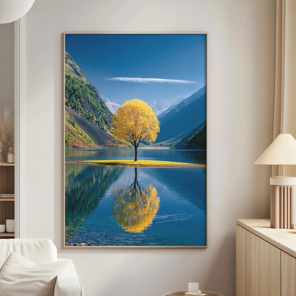 a large framed picture of a tree with yellow leaves, reflected in a calm lake, creating a serene and picturesque scene.