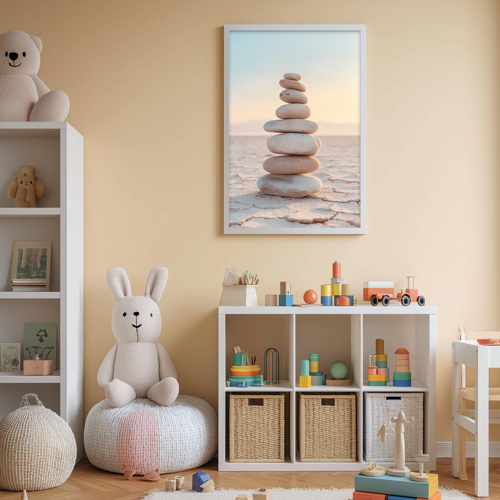 A cozy children's room with a stuffed rabbit, a bookshelf, and a toy chest filled with toys. The room has a warm, inviting atmosphere, with a framed picture of a stack of rocks on the wall.