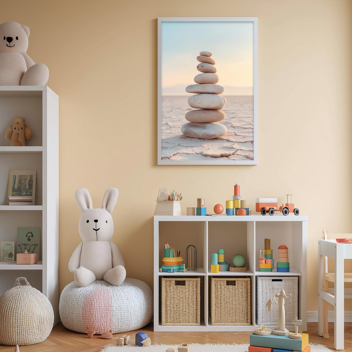 A cozy children's room with a stuffed rabbit, a bookshelf, and a toy chest filled with toys. The room has a warm, inviting atmosphere, with a framed picture of a stack of rocks on the wall.
