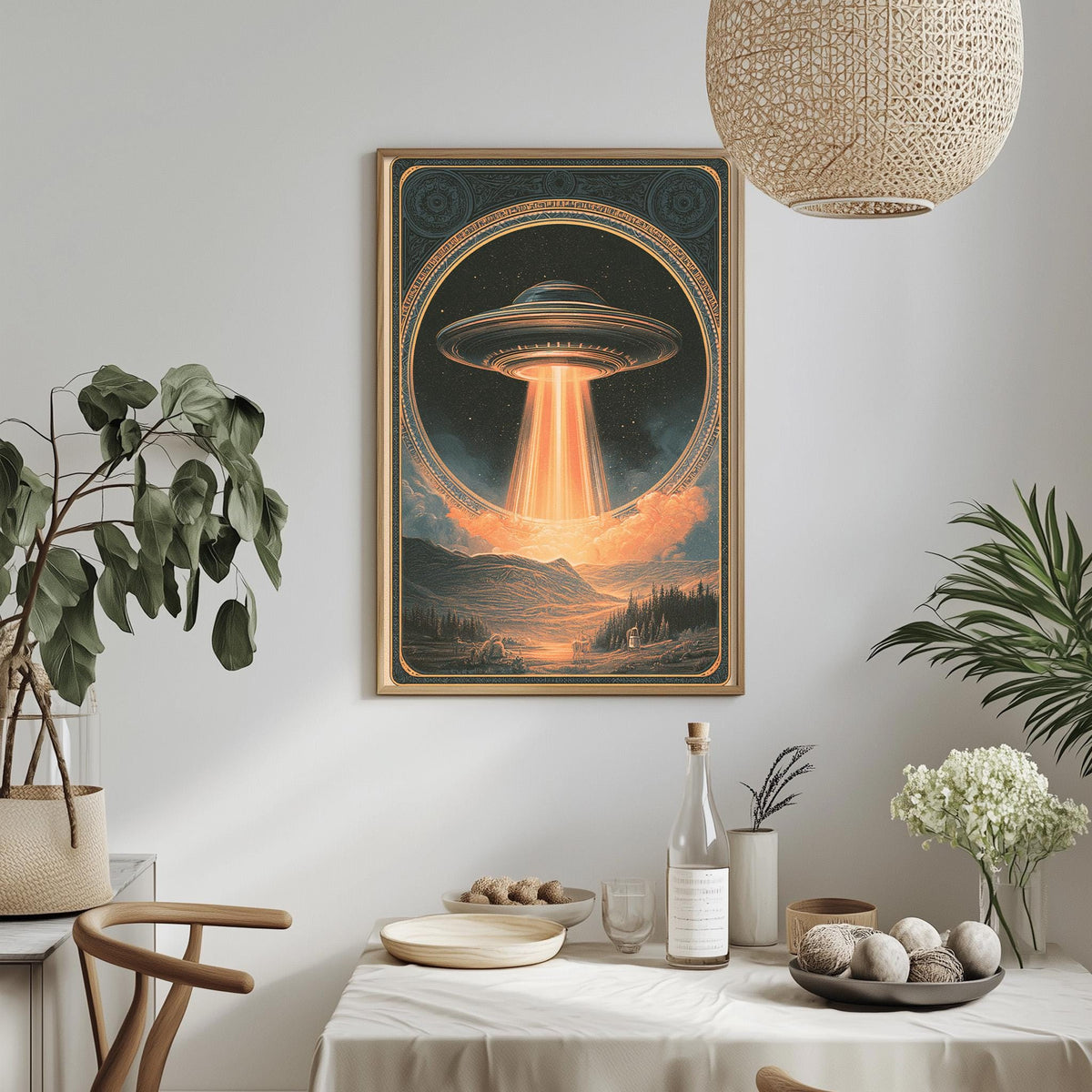 a framed poster of an alien spacecraft hovering over a landscape with mountains and a sunset, hanging on a wall above a dining table with various items on it.