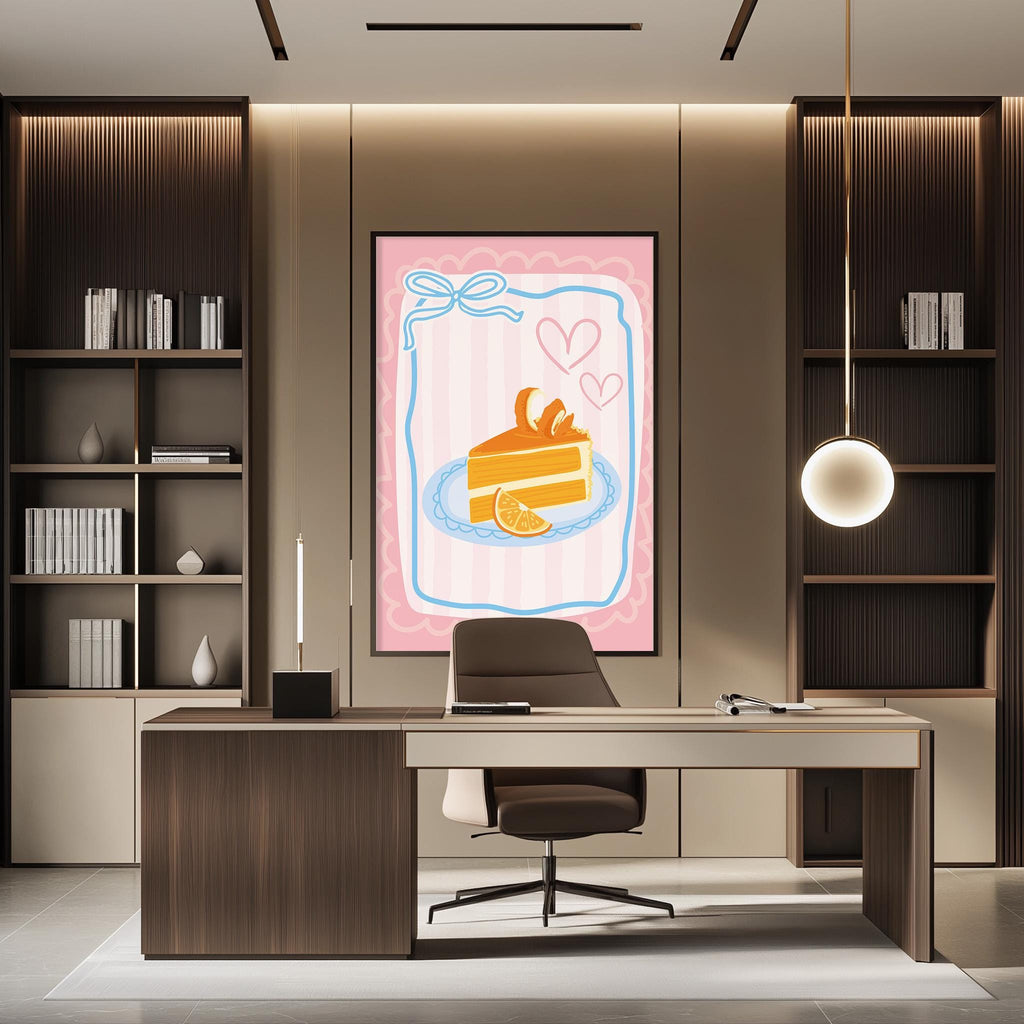 a modern office space with a large framed illustration of a slice of cake on the wall, featuring a heart and a banana. The office has a wooden desk, a chair, and a bookshelf filled with books.
