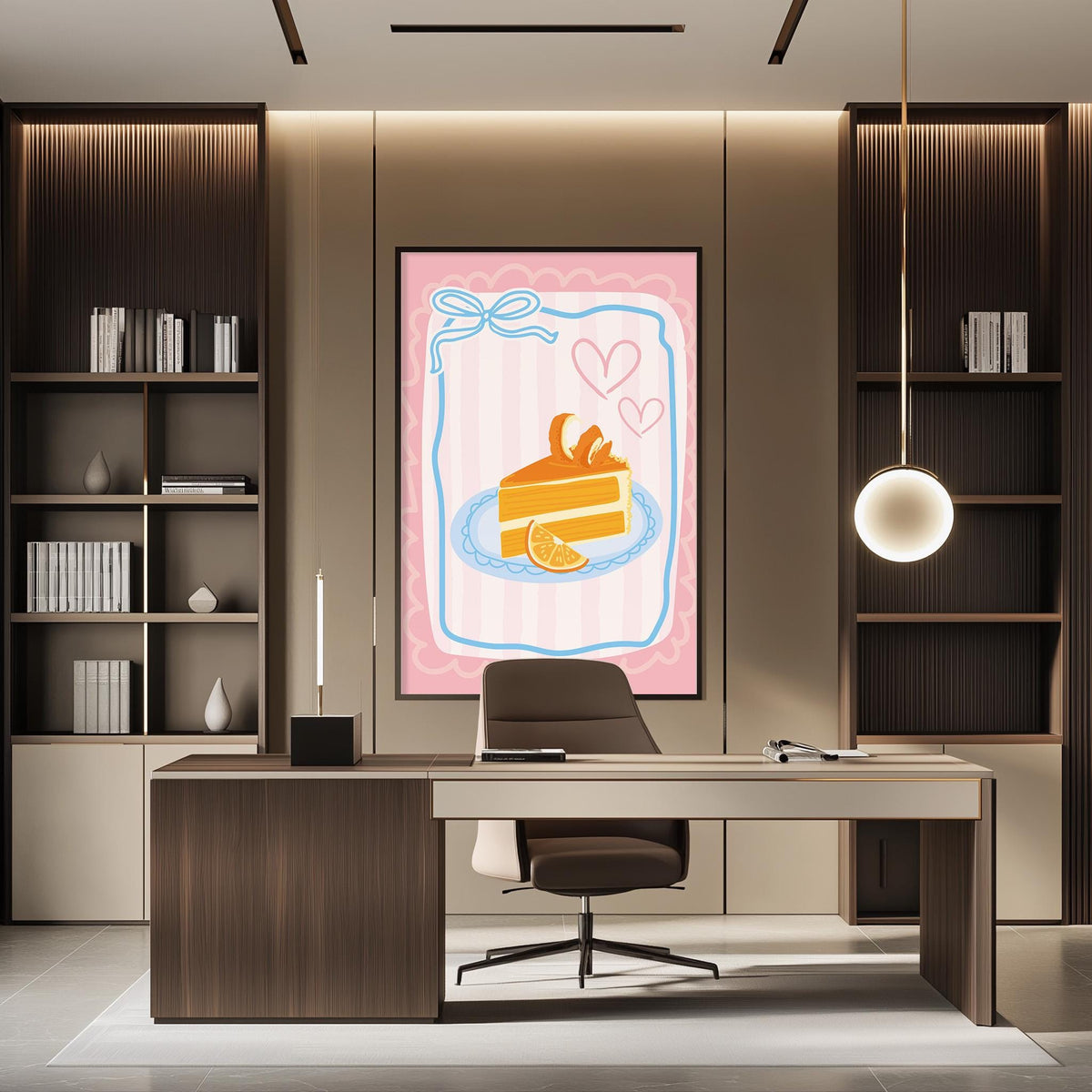 a modern office space with a large framed illustration of a slice of cake on the wall, featuring a heart and a banana. The office has a wooden desk, a chair, and a bookshelf filled with books.