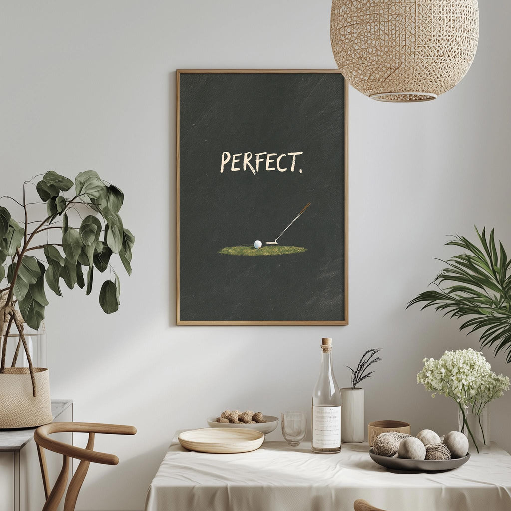 a dining table with a bowl of fruit, a bottle, and a vase of flowers, along with a framed poster with the word "PERFECT" above it.