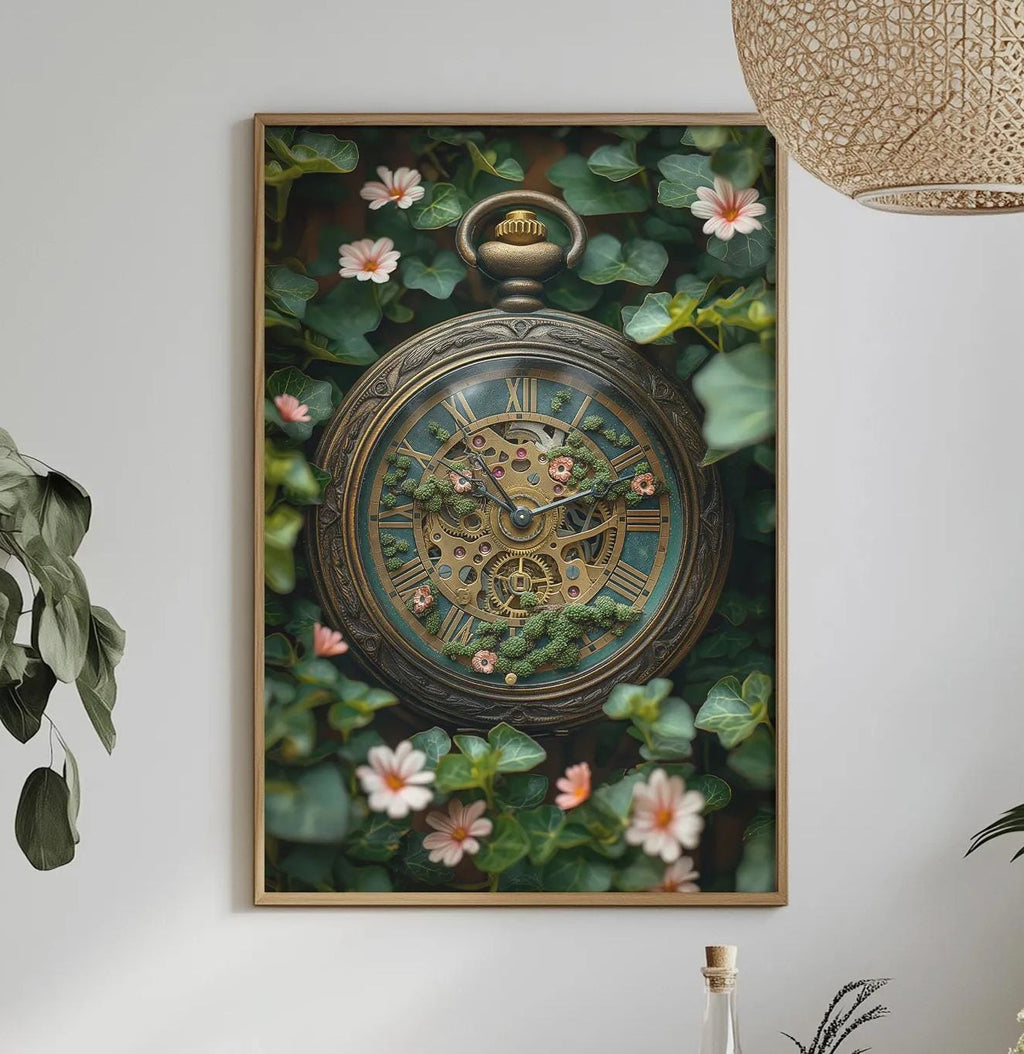 a clock with a floral design on its face, hanging on a wall above a table with various decorative items and plants.
