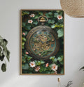 a clock with a floral design on its face, hanging on a wall above a table with various decorative items and plants.