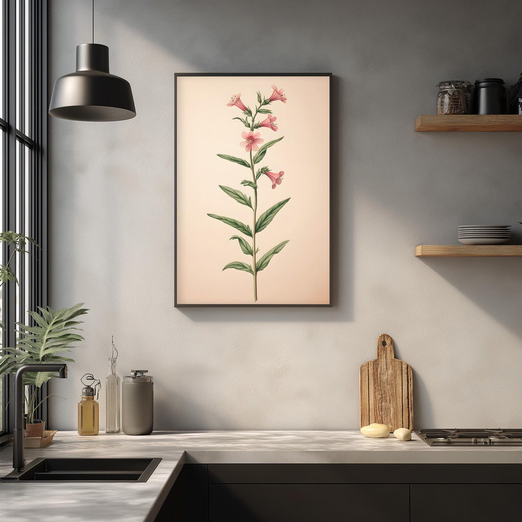 a kitchen counter with a framed botanical illustration of a pink flower on the wall above it. The counter also has various kitchen items such as a cutting board, a soap dispenser, and a bottle.