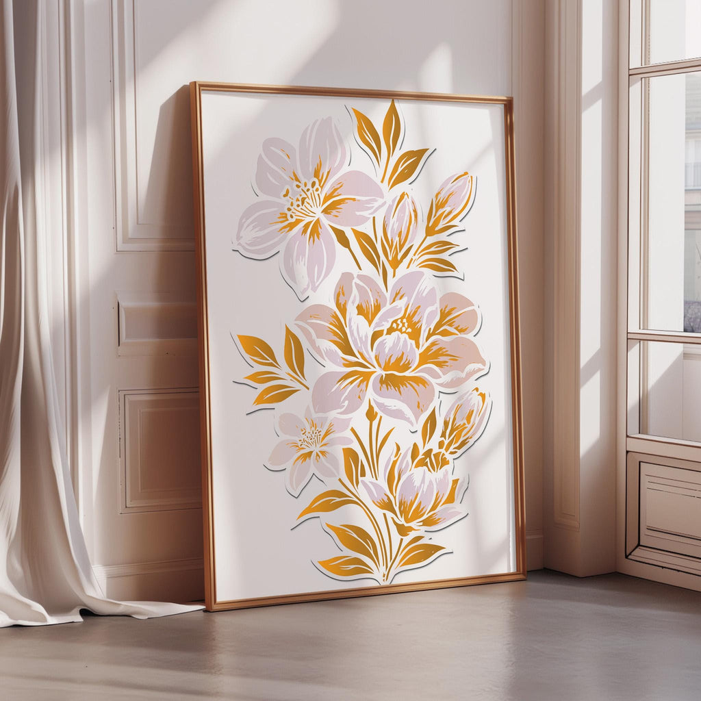 A framed artwork depicting a floral design with pink and yellow flowers is displayed on a wall in a room with a window.
