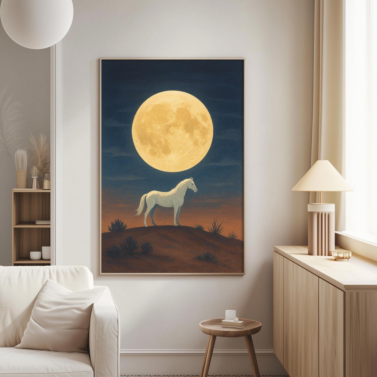 a serene scene of a white horse standing on a hill under a large, bright moon.