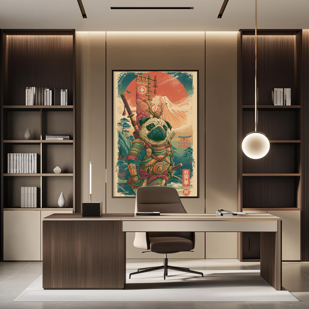 a modern office space with a large framed poster of a pug character on the wall, a wooden desk with a chair, and a bookshelf filled with books.