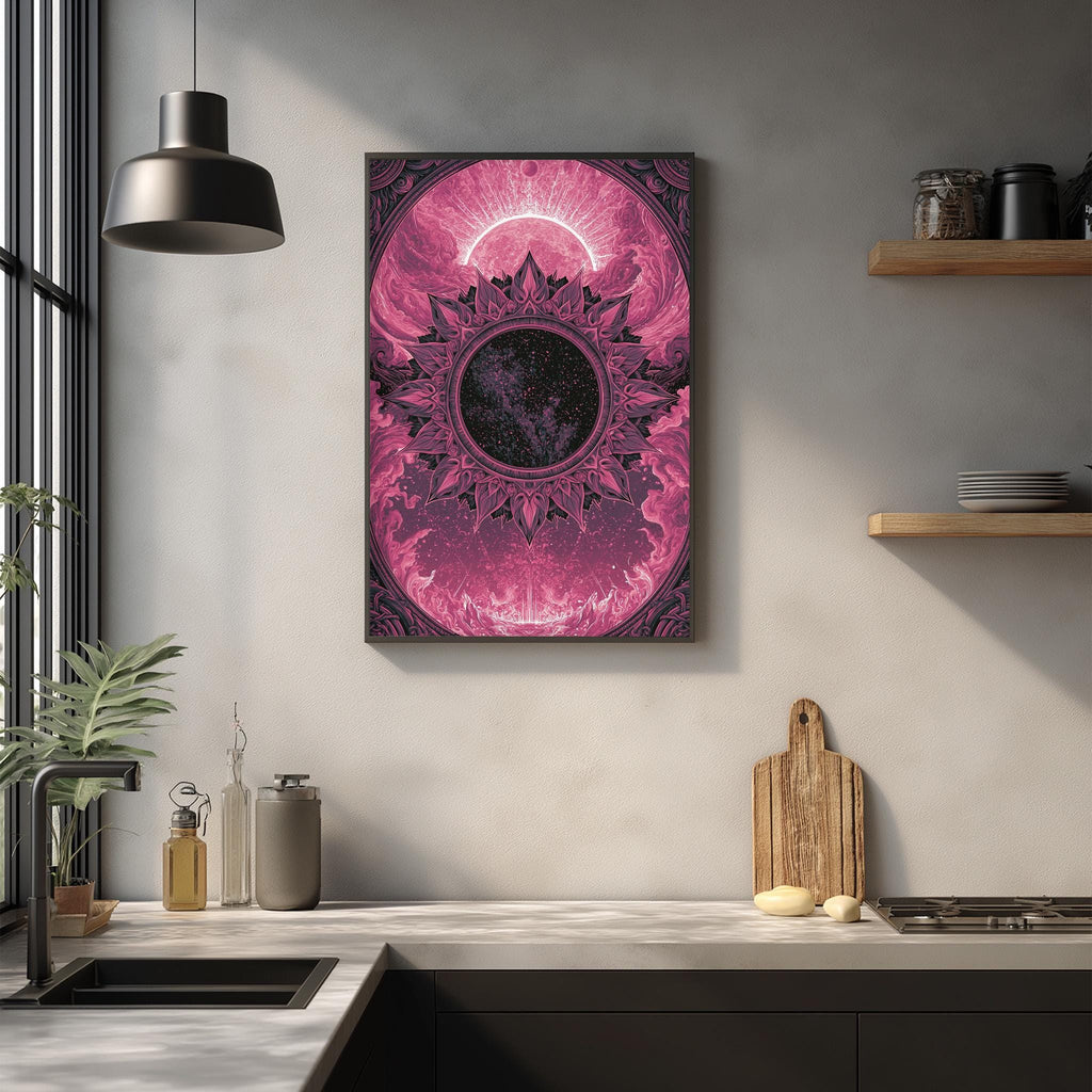 a kitchen counter with various items on it, including a wooden cutting board, a sink, and a potted plant. Above the counter, there is a framed artwork with a pink and purple design hanging on the wall.