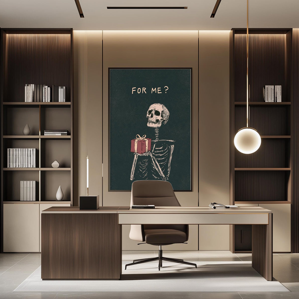 a modern office space with a desk, chair, and shelving units. A large poster or artwork depicting a skeleton holding a gift is displayed on the wall above the desk.