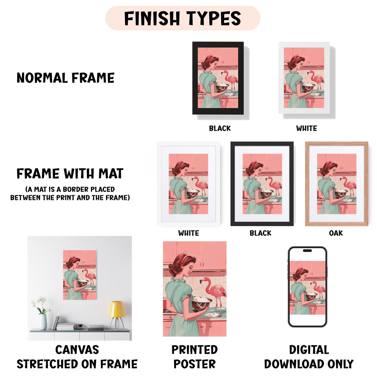 various framed artworks, including a canvas stretched on a frame, a framed poster, and a digital poster. The artworks are labeled with different finish types, such as "NORMAL FRAME", "FRAME WITH MAT", "WHITE", "BLACK", and "OAK". The artworks are also described as "CANVAS STRETCHED ON FRAME", "PRINTED POSTER", and "DIGITAL DOWNLOAD ONLY".