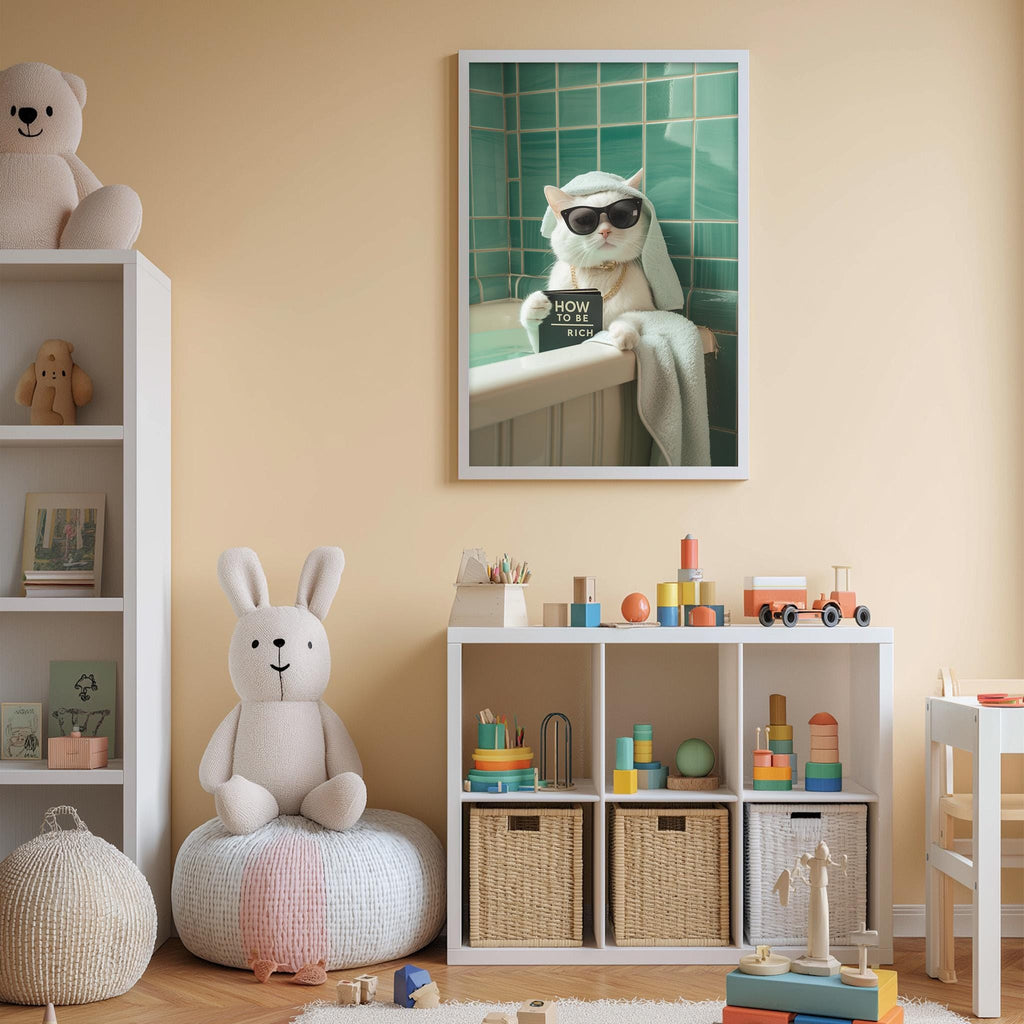 A child's bedroom with a white teddy bear, a stuffed rabbit, and a framed picture of a cat wearing sunglasses. The room also contains a bookshelf, a toy chest, and various toys.