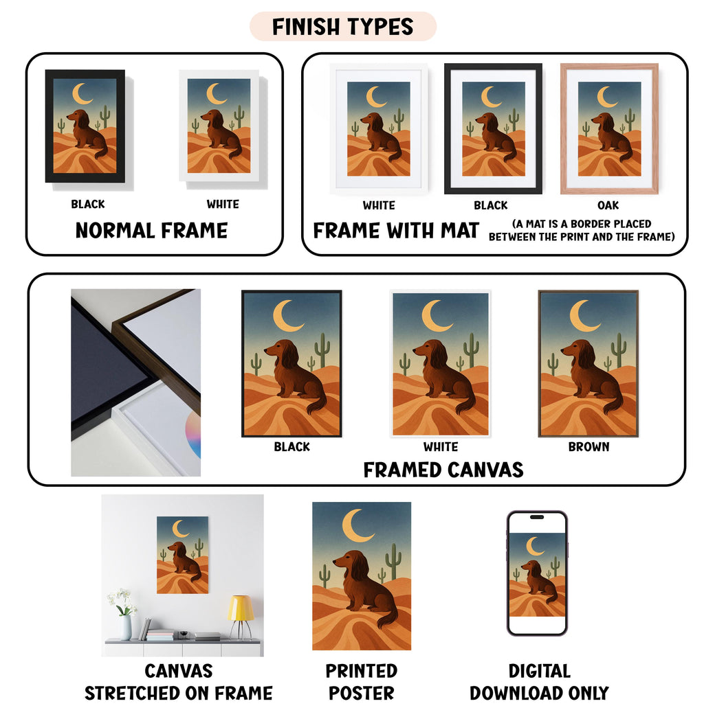 various finish types for a framed artwork depicting a dog in a desert landscape, including a normal frame, a frame with a mat, a black frame, a white frame, a black frame, a white framed canvas, a stretched canvas, a printed poster, and a digital download only.