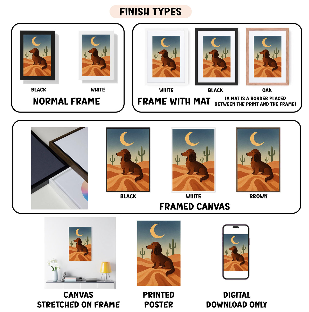 various finish types for a framed artwork depicting a dog in a desert landscape, including a normal frame, a frame with a mat, a black frame, a white frame, a black frame, a white framed canvas, a stretched canvas, a printed poster, and a digital download only.