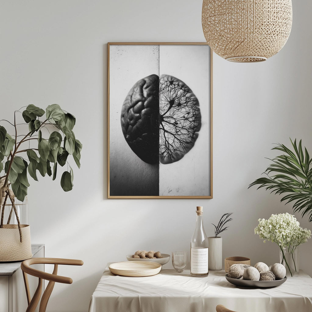 a dining table with a bowl of fruit, a bottle, and a vase of flowers, along with a framed image of a brain on the wall.