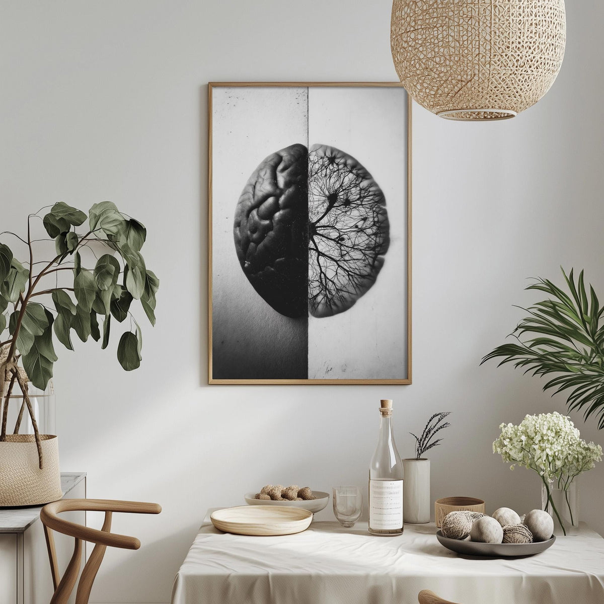 a dining table with a bowl of fruit, a bottle, and a vase of flowers, along with a framed image of a brain on the wall.