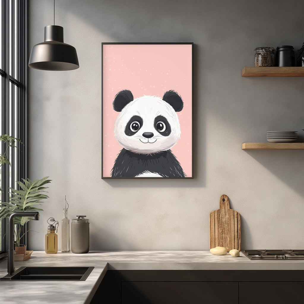 a kitchen scene with a framed panda illustration on the wall, a wooden cutting board, and various kitchen items such as a sink, a bottle, and a bowl.