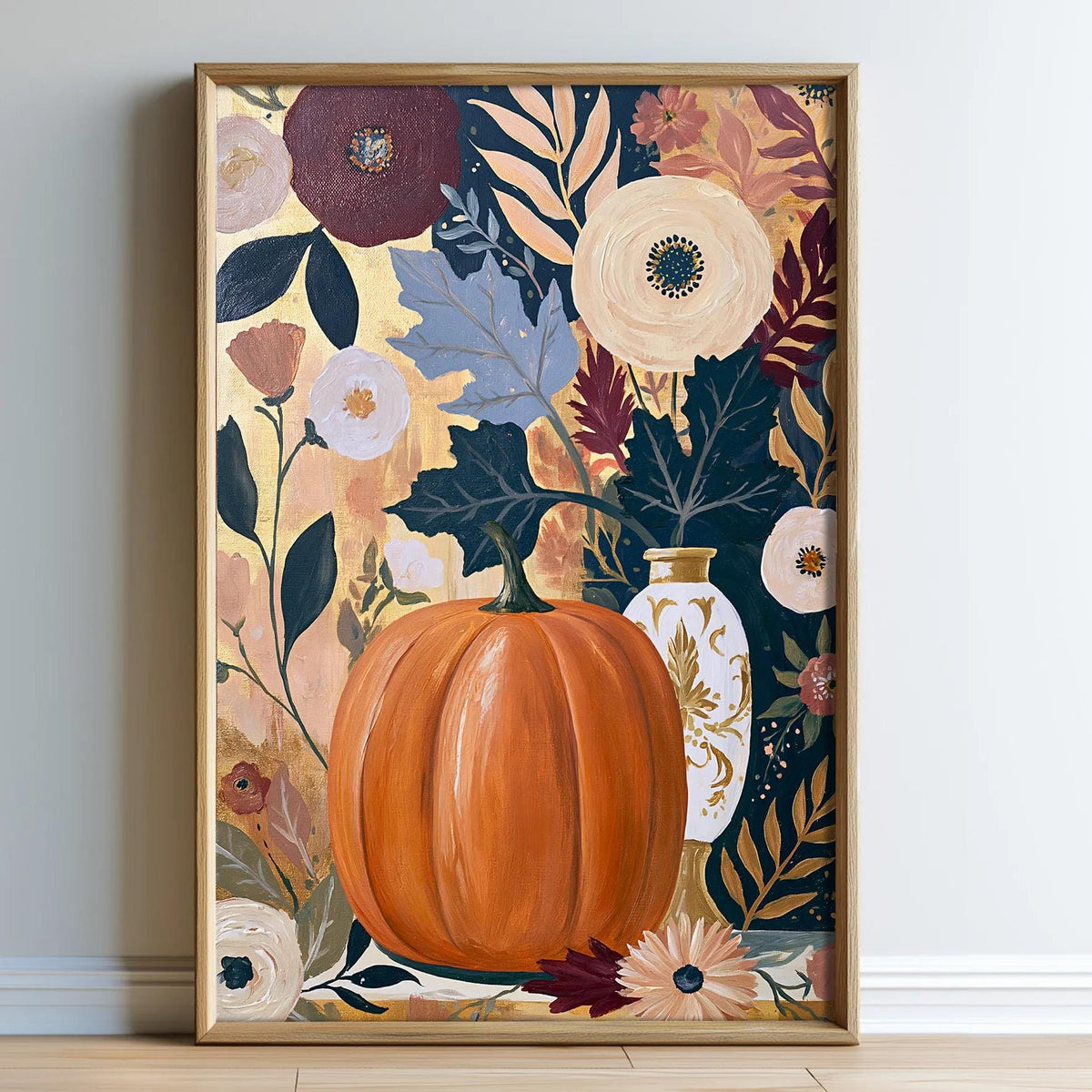 The image is a framed painting depicting a pumpkin surrounded by a variety of colorful flowers and leaves, creating a vibrant and autumnal scene.