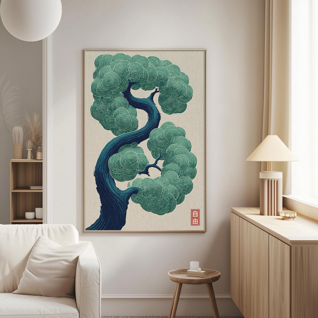 a large, abstract painting of a tree with a blue trunk and green foliage, hanging on a wall in a living room setting.