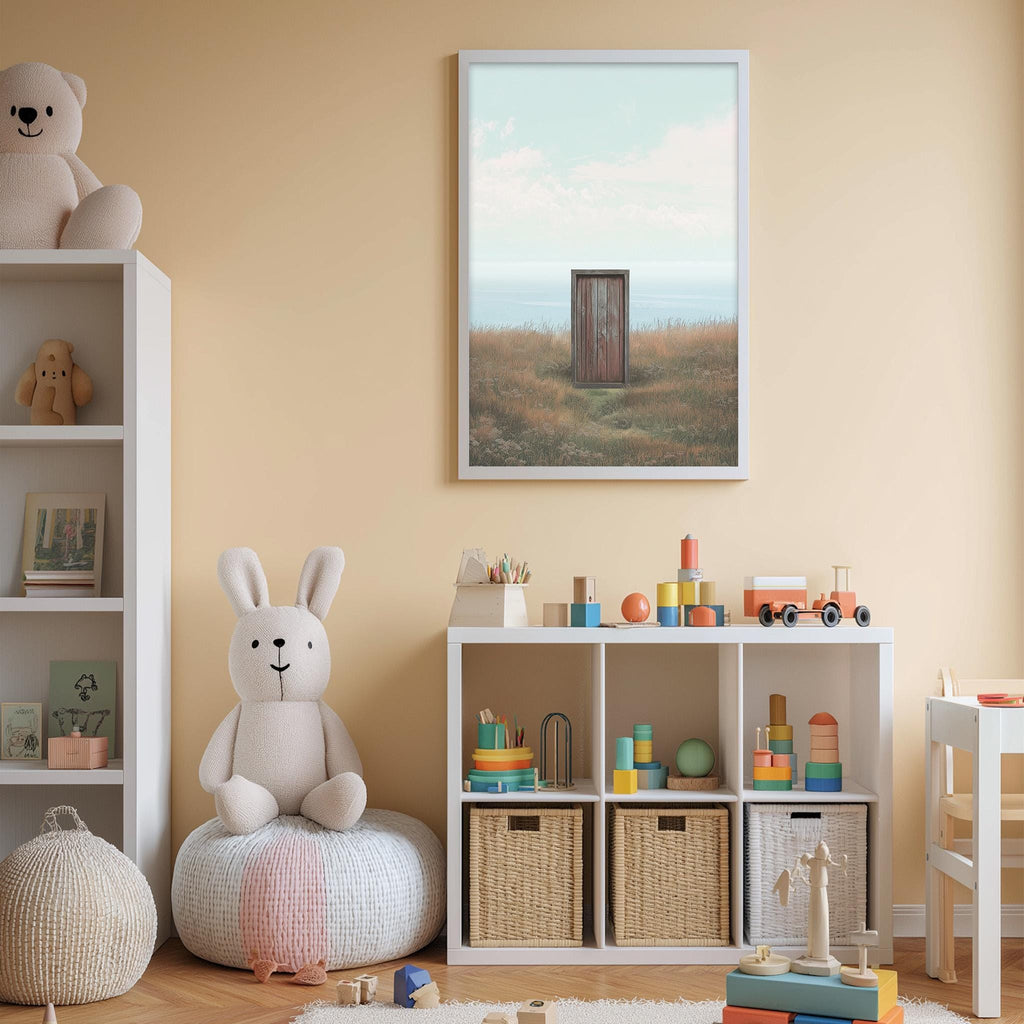 A cozy children's room with a white bookshelf, a plush rabbit, and a toy train set. The room has a warm, inviting atmosphere with a framed picture of a toilet in the background.