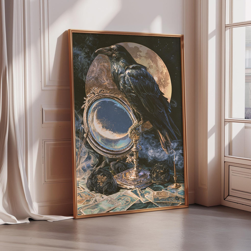 The image is a framed painting depicting a black crow perched on a mirror, with a crescent moon and other celestial elements in the background.