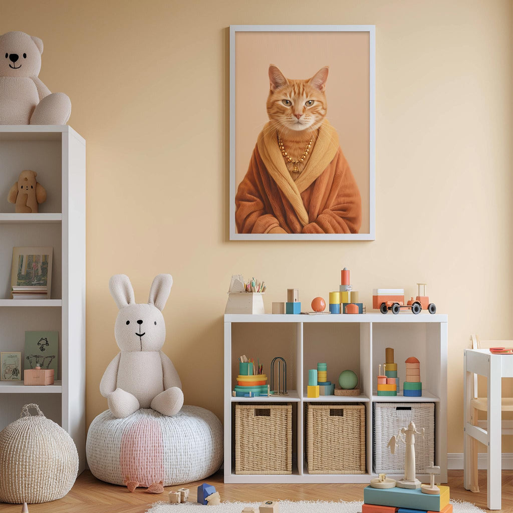 A cozy children's room with a large stuffed rabbit, a framed picture of a cat in a robe, and a toy shelf filled with various toys.