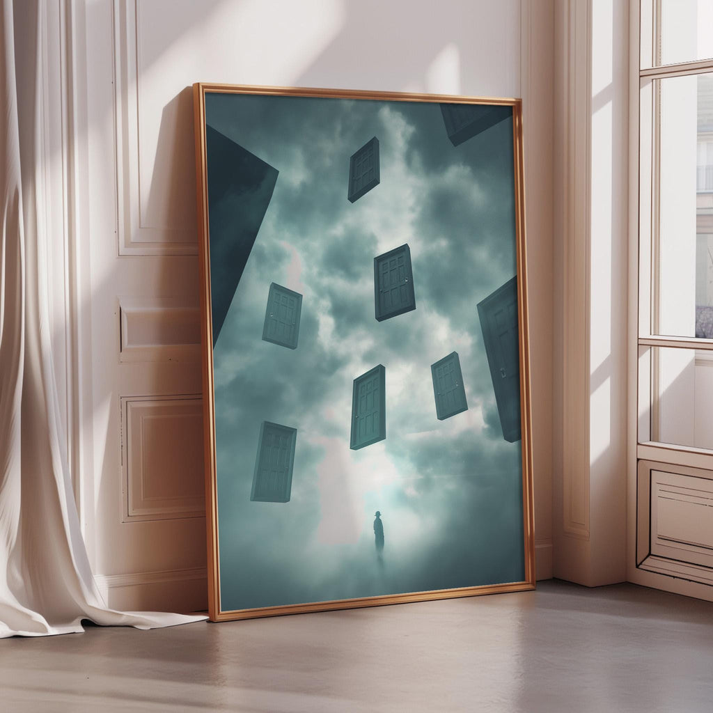 a large, framed artwork depicting a surreal scene with floating, square-shaped objects against a cloudy sky background.