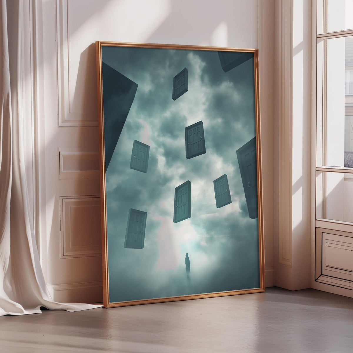 a large, framed artwork depicting a surreal scene with floating, square-shaped objects against a cloudy sky background.