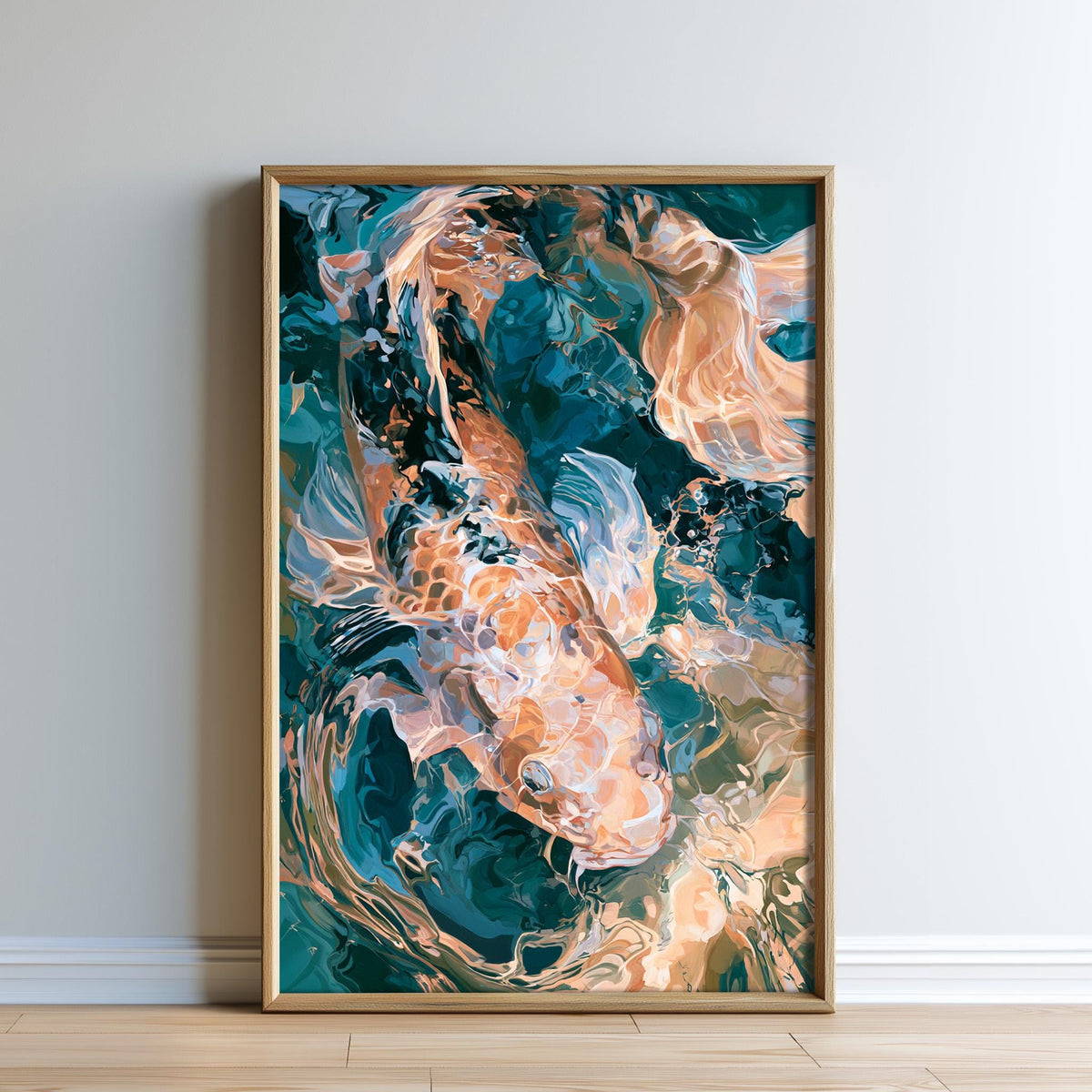 The image is a large, colorful painting of a fish, possibly a koi, displayed on a wall.
