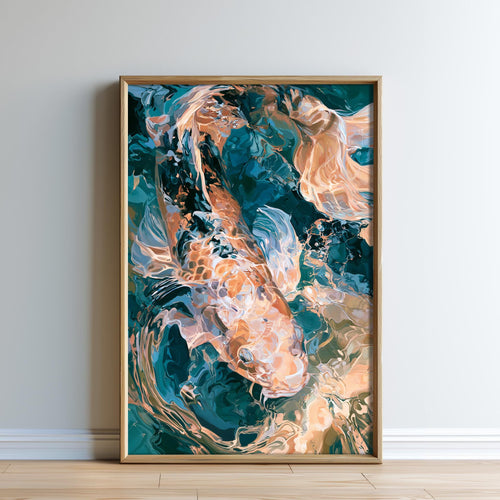 The image is a large, colorful painting of a fish, possibly a koi, displayed on a wall.