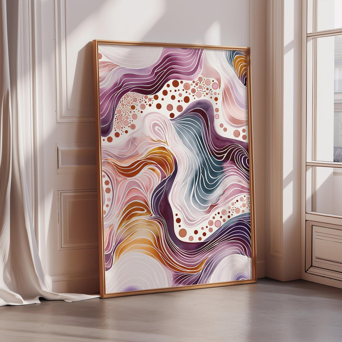 a large abstract painting with vibrant colors and swirling patterns, displayed in a wooden frame on a wall.