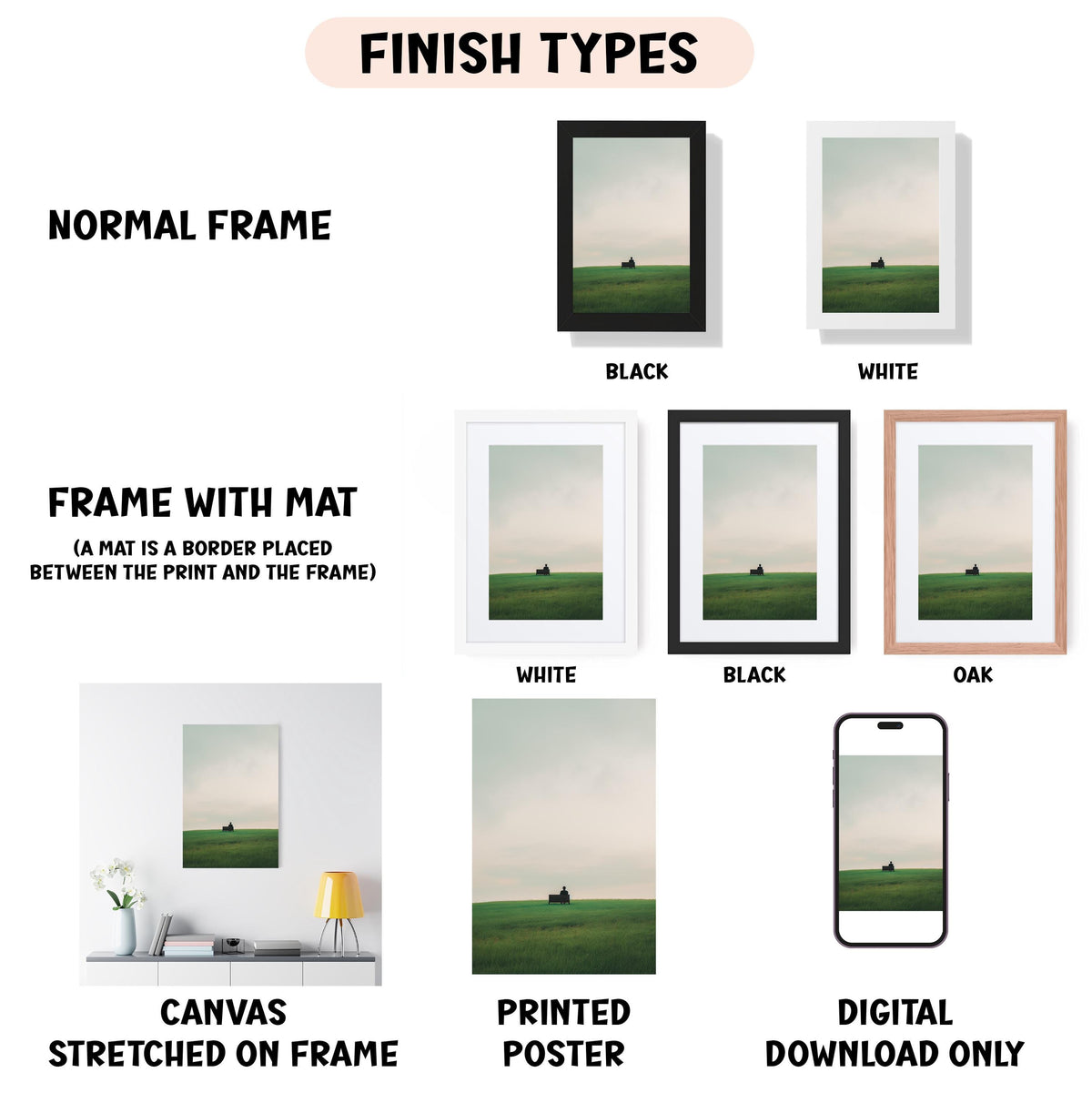 various finish types for artwork, including a normal frame, a frame with a mat, a white frame, a black frame, a white frame, a black frame, an oak frame, a canvas stretched on a frame, a printed poster, and a digital download only.