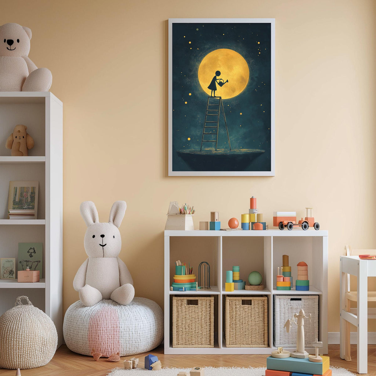 A cozy children's bedroom with a large stuffed bunny, a bookshelf, and a toy chest filled with toys. The room has a warm, inviting atmosphere with a night sky-themed painting on the wall.