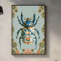 a kitchen counter with a framed picture of a colorful beetle hanging on the wall above it. The counter also has various kitchen items such as a cutting board, a bottle, and a bowl.