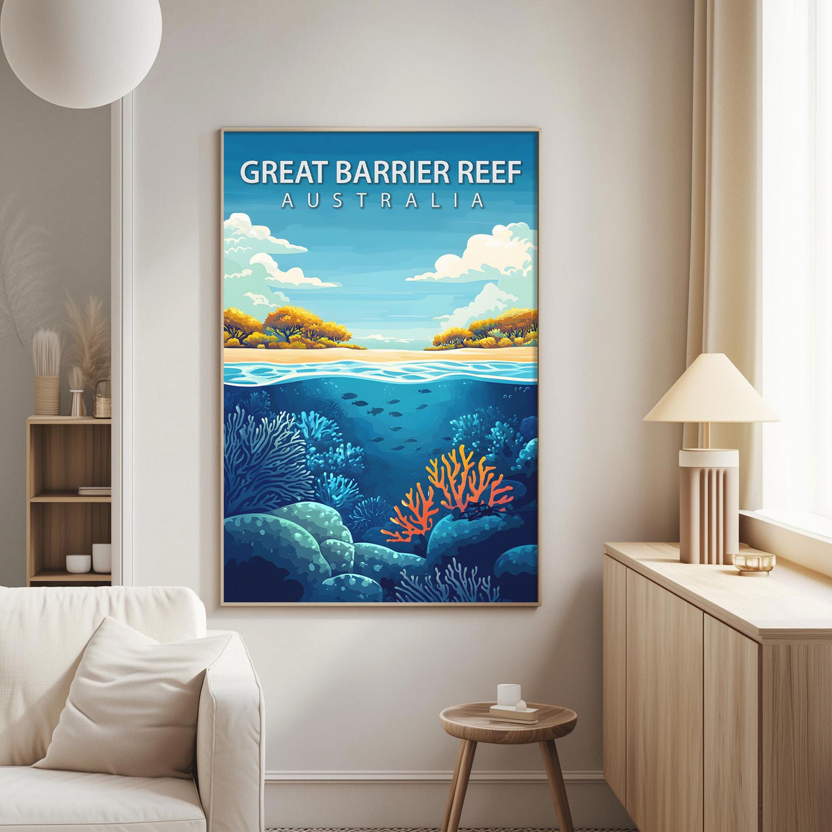 a large framed poster of the Great Barrier Reef in Australia, hanging on a wall in a living room.