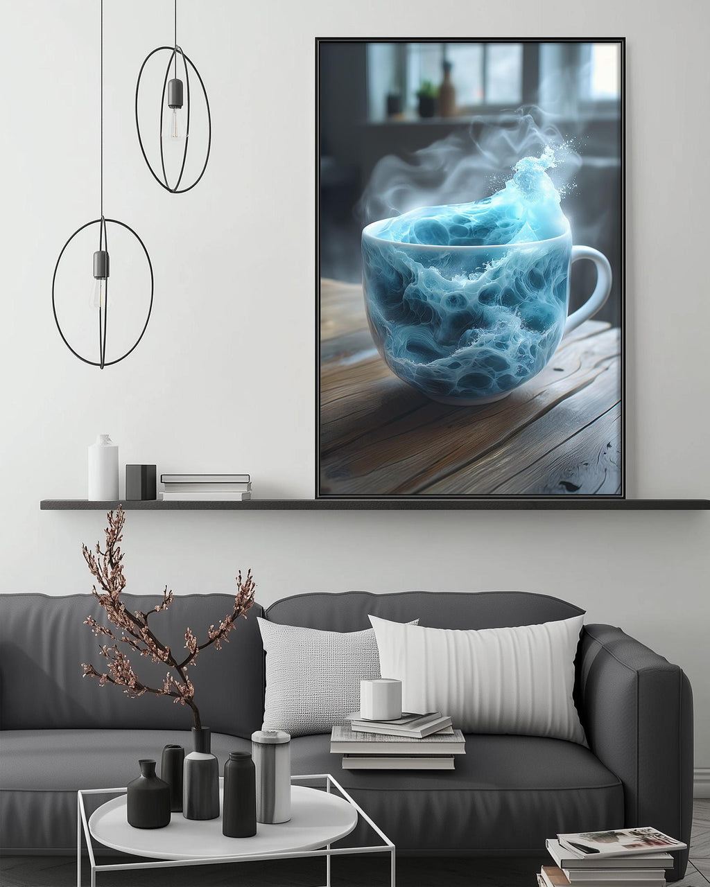 a large framed picture of a cup of water with steam rising from it, hanging on a wall above a gray couch in a living room setting.