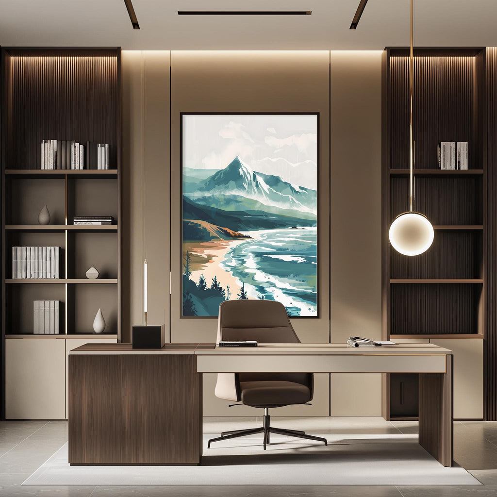a modern and minimalist office space with a large landscape painting on the wall, a wooden desk with a chair, and built-in bookshelves.