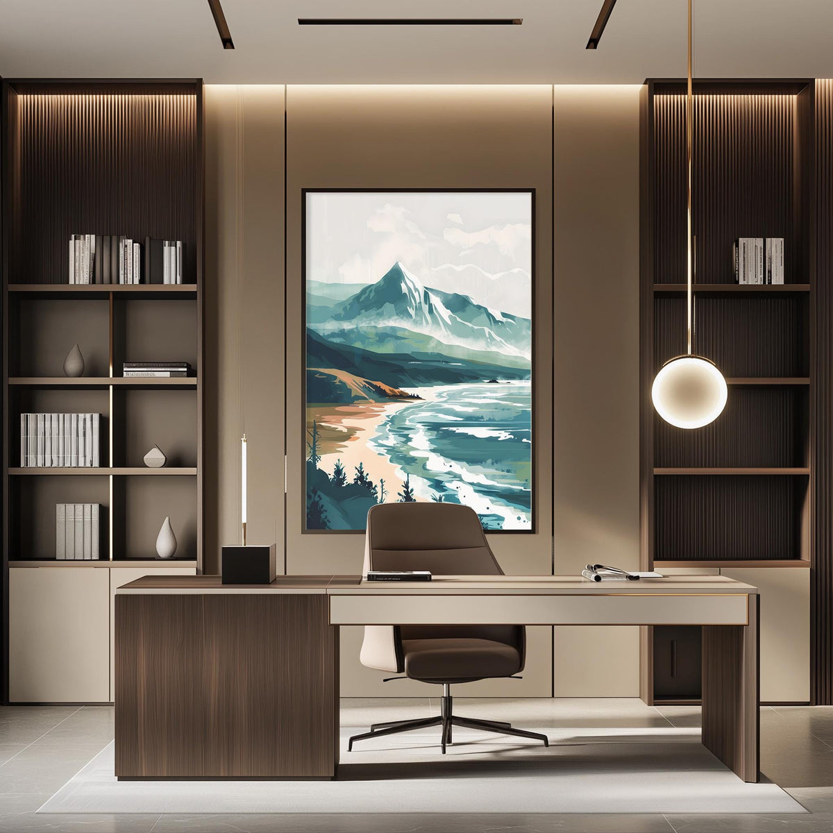 a modern and minimalist office space with a large landscape painting on the wall, a wooden desk with a chair, and built-in bookshelves.