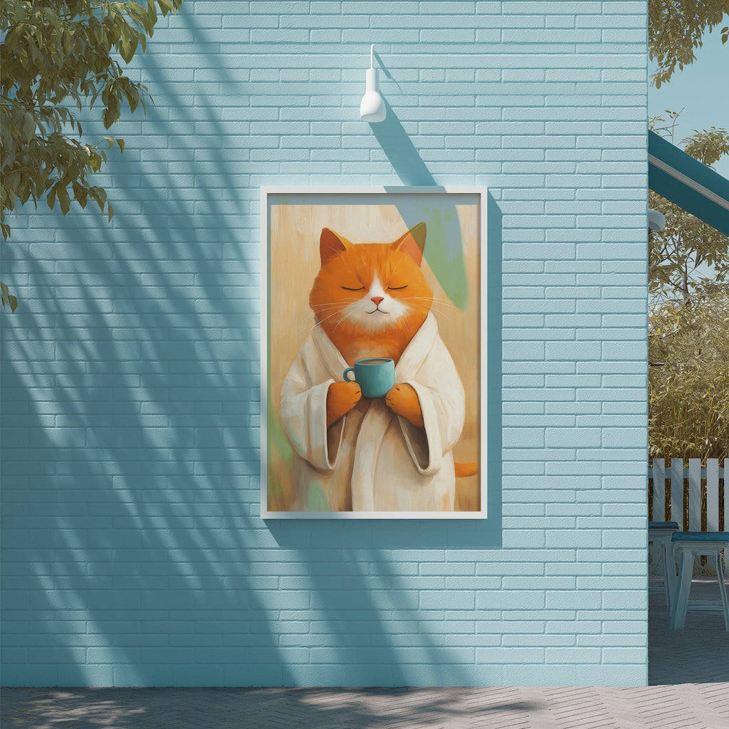 A framed painting of an orange cat wearing a white robe and holding a teacup, set against a blue brick wall.