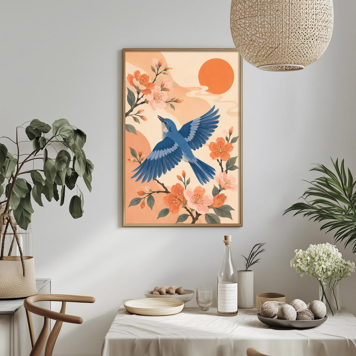 a dining table with a white tablecloth, a bowl of fruit, a bottle, and a vase with flowers. Above the table, there is a framed illustration of a blue bird in flight, surrounded by orange flowers and a large orange sun.