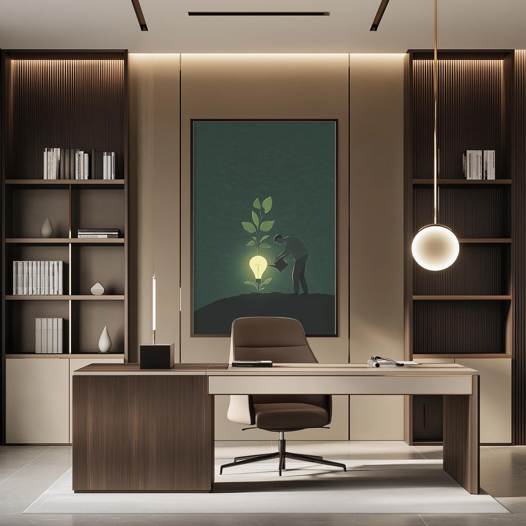 a modern and minimalist office space with a desk, chair, and shelving units. The room has a clean and organized appearance, with a large painting or artwork hanging on the wall behind the desk.